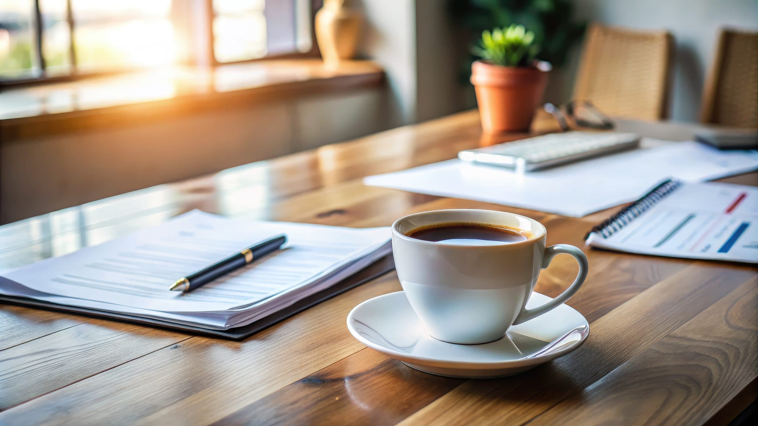 A quiet desk with notebook and coffee at the start of the working day