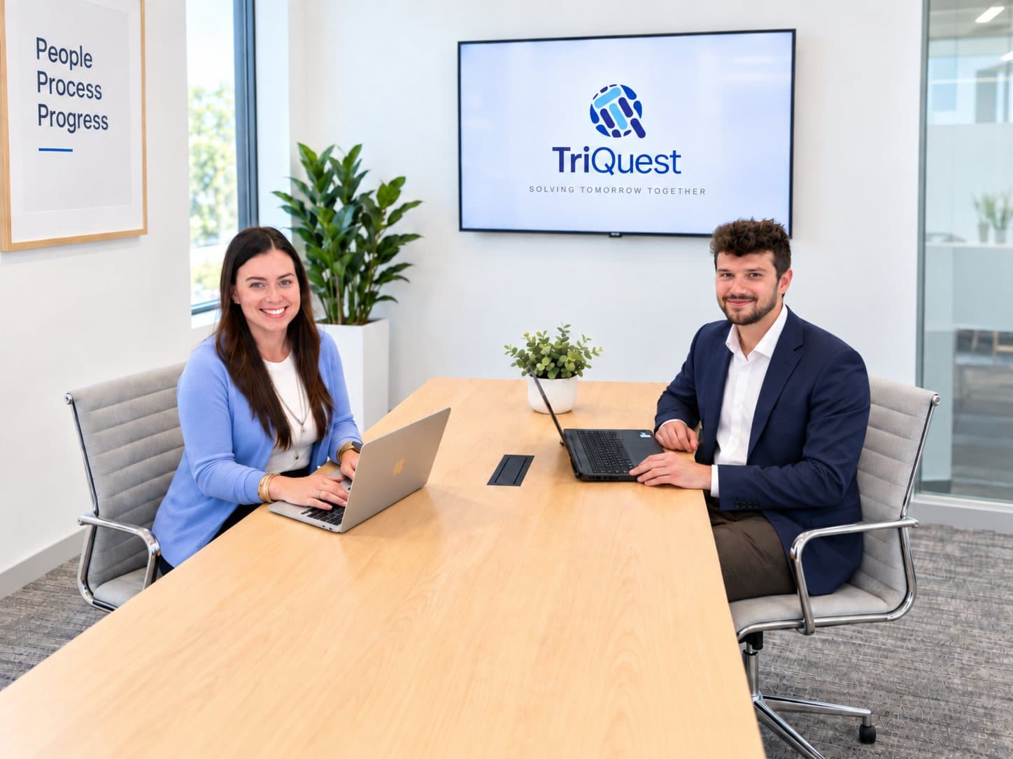 Two TriQuest recruiters working across a conference table