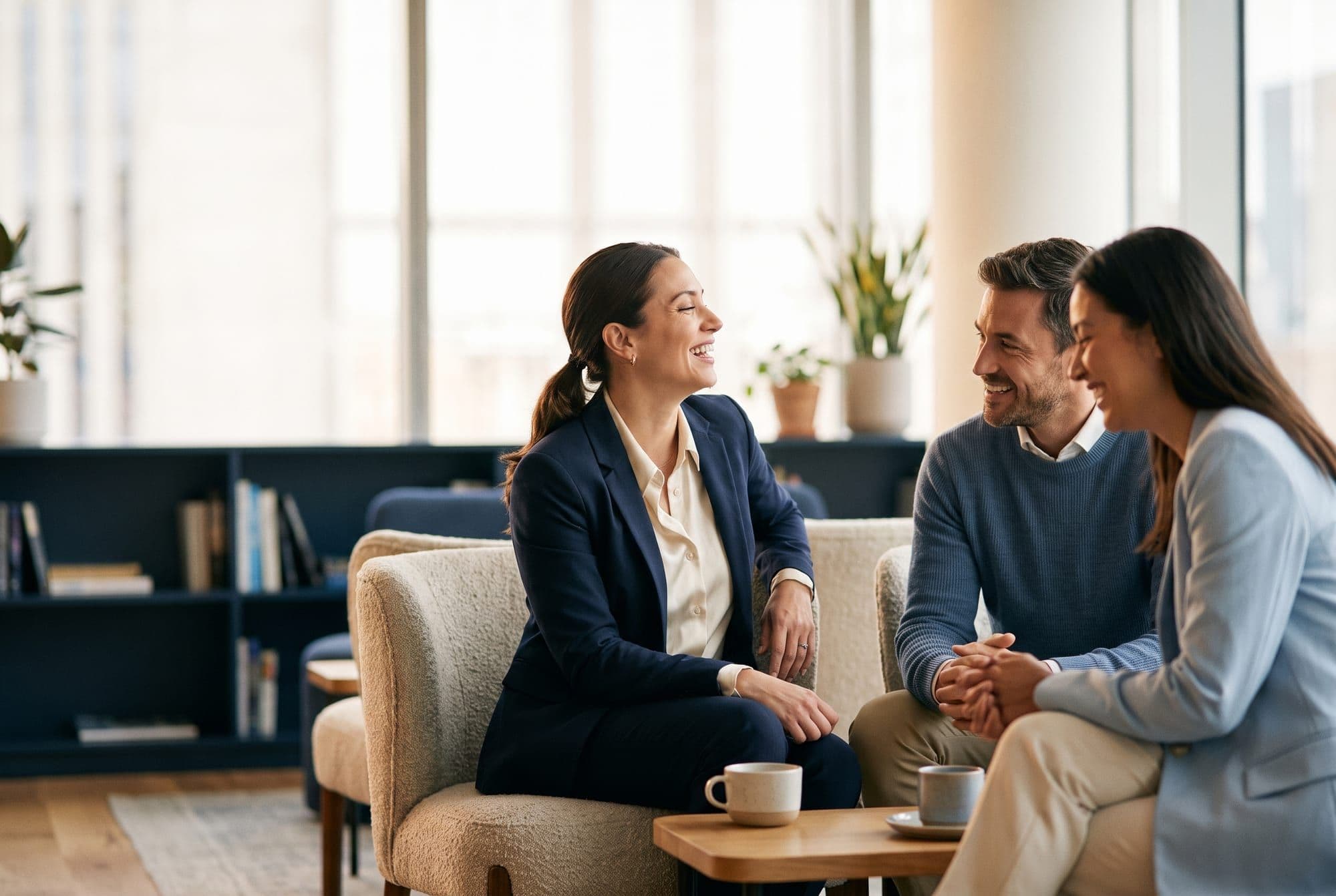 Three colleagues in relaxed conversation in a light-filled modern office lounge