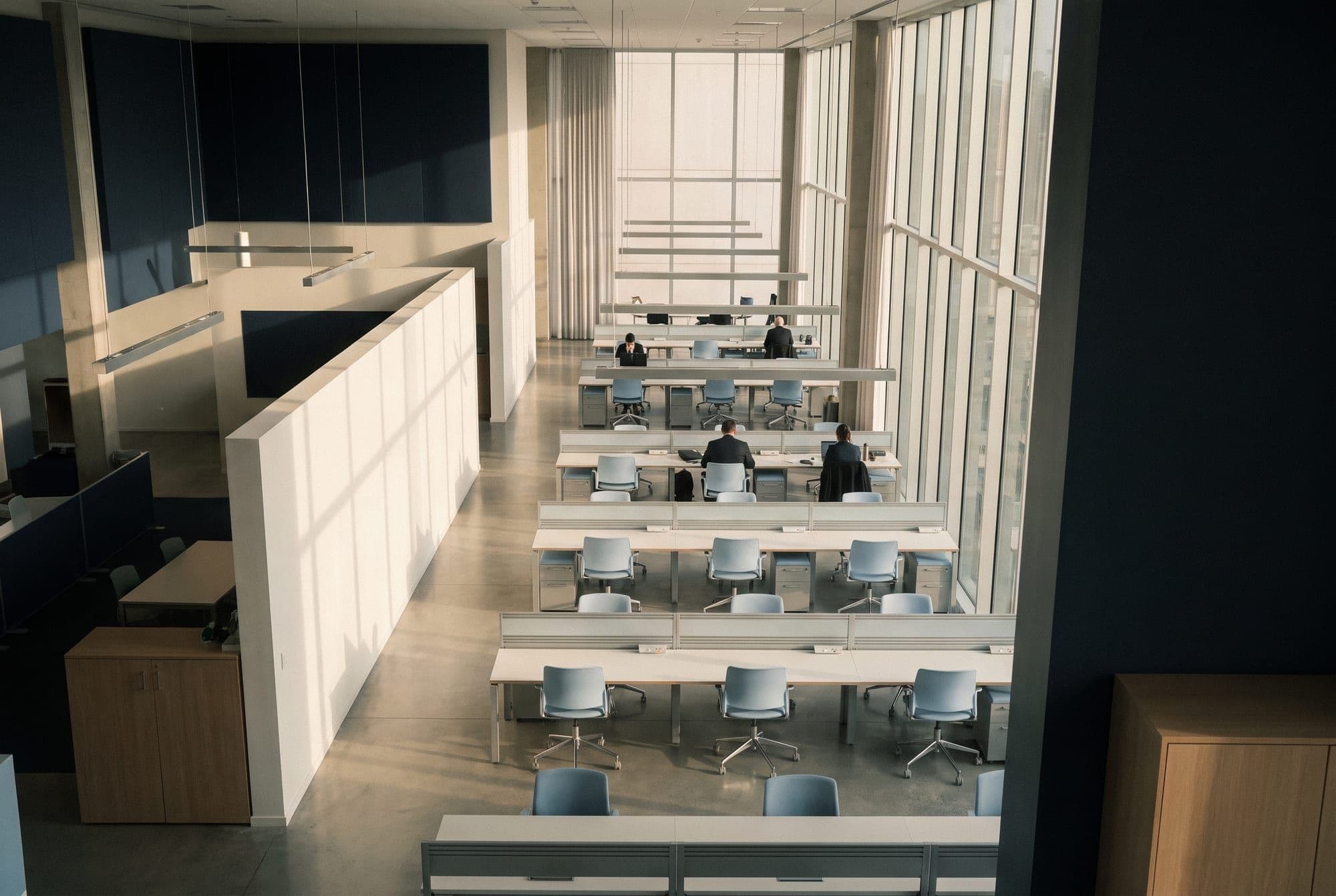 A modern open-plan office seen from above, with room to grow into